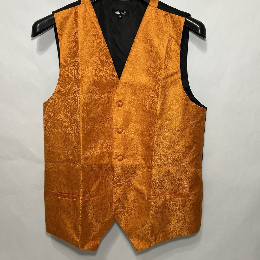 Alizeal Classic Orange Paisley‎ Jacquard Waist Coat Tuxedo Vest Men Size Medium